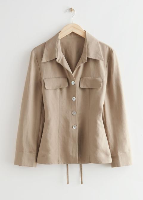 Buttoned Fitted Waist Jacket - Beige