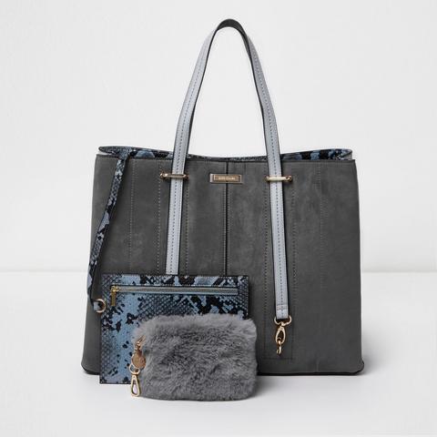 Grey Long Handle Fur Pouchette Tote Bag