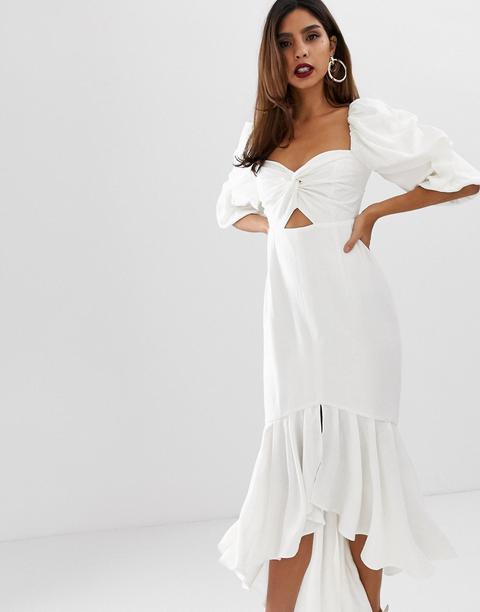 Asos Edition - Vestito Midi Peplo Milkmaid Con Nodo - Bianco