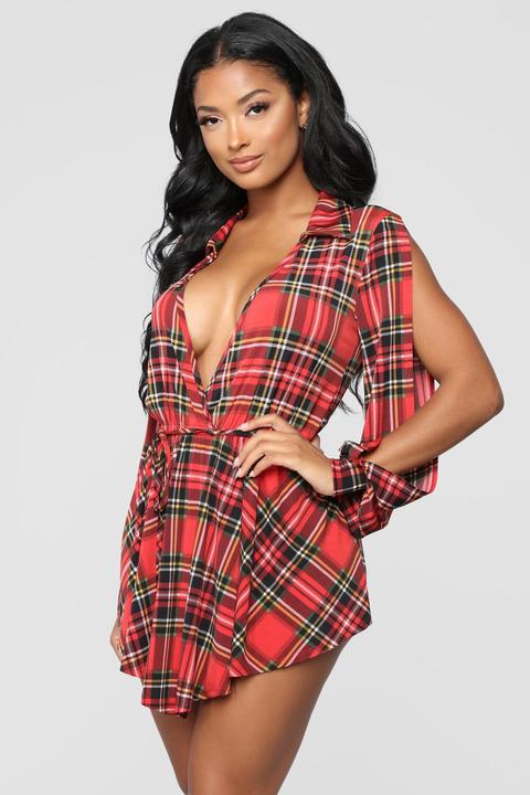 You Just Got Plaid Romper - Red