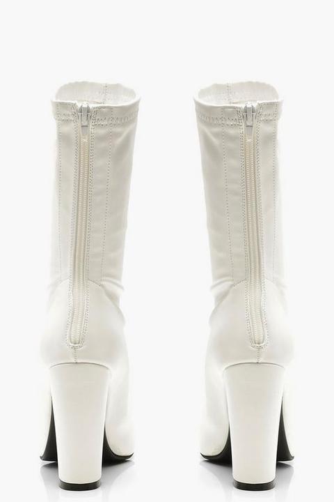 Womens Block Heel Sock Boots - White 