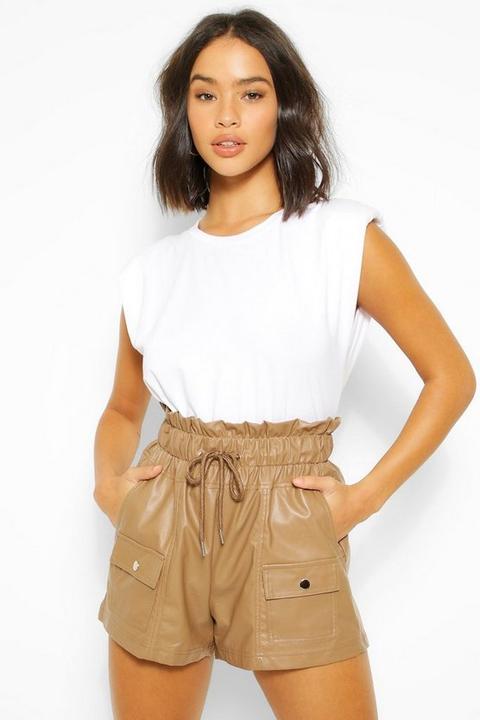 Womens Pu Faux Leather Drawstring Paperbag Shorts - Brown - 14, Brown