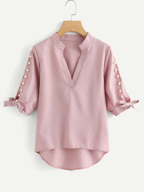 V Neckline Pearl Beaded Dip Hem Blouse