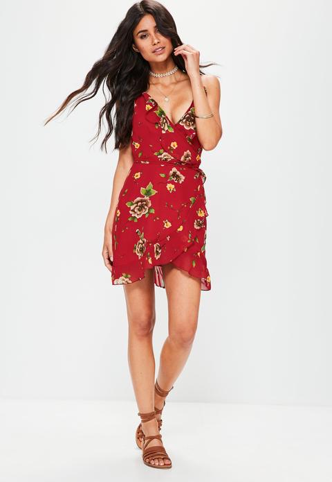 Red Frill Sleeve Wrap Plunge Tea Dress