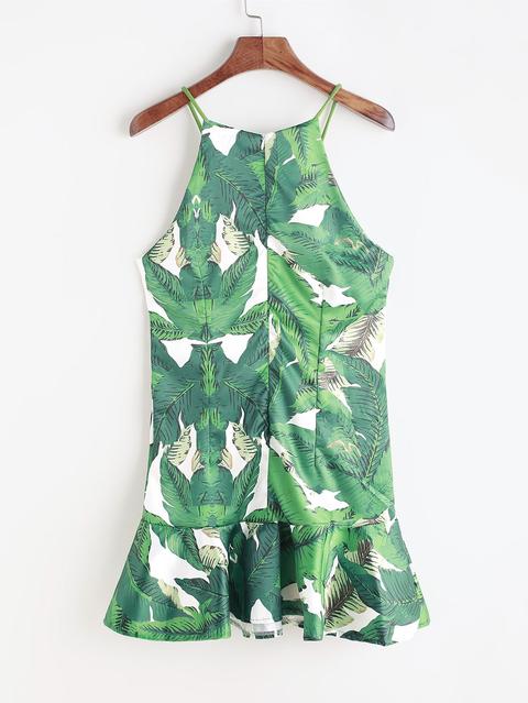 Vestido Fruncido De Espalda Abierta Con Estampado De Hojas