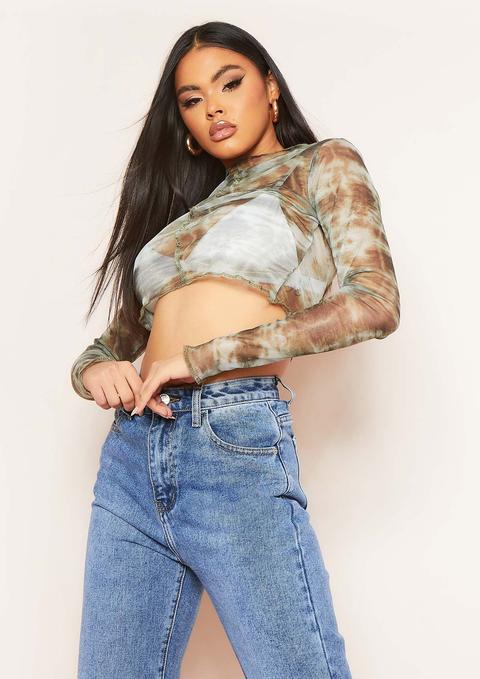 Lily Green Contrast Stitch Tie Dye Print Mesh Crop Top