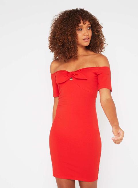 Red Tie Front Bardot Dress