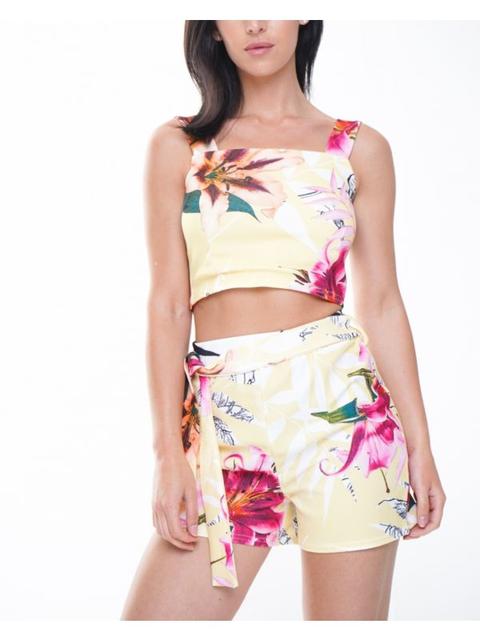 Laila Botanic Print Crop Top & Shorts Co-ord In Yellow