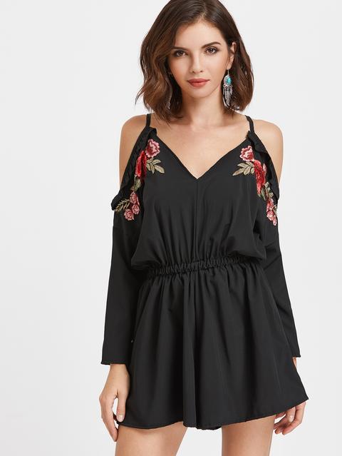 Black Cold Shoulder Ruffle Trim Appliques Tie Back Romper