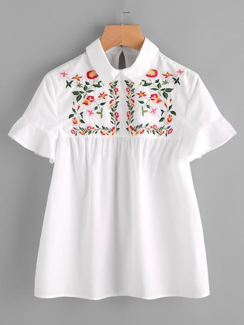 Embroidered Yoke Buttoned Keyhole Frill Sleeve Smock Top