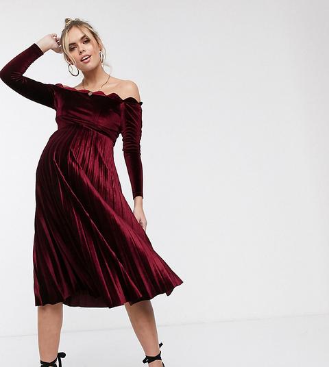 Asos Design Maternity - Robe Mi-longue En Velours Avec Haut Festonné-rouge