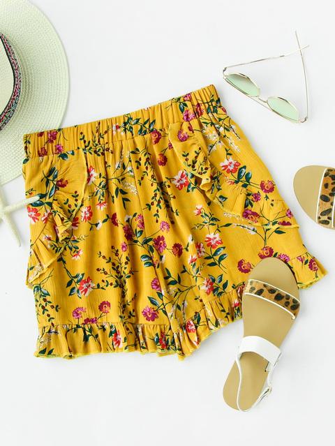 Ditsy Print Random Frill Trim Pleated Shorts