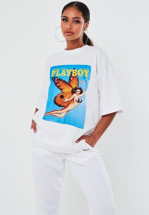 Playboy X Missguided White Butterfly Graphic T Shirt, White