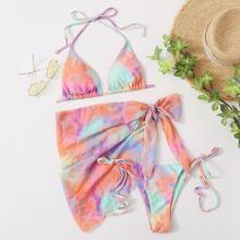 3 Piezas Bañador Bikini Triángulo De Tie Dye Con Falda De Playa