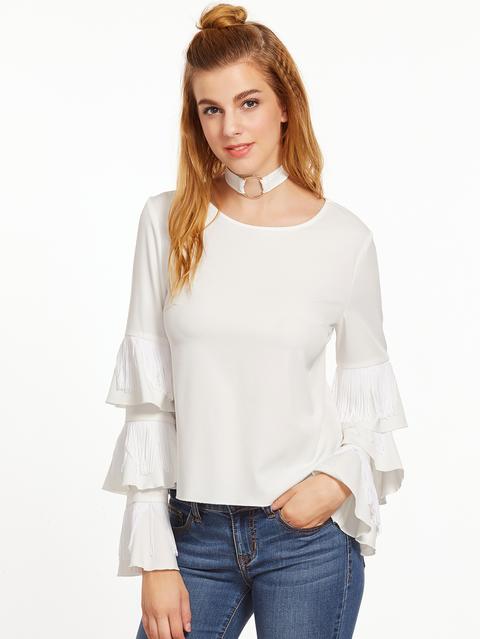 White Fringe Trim Layered Ruffle Sleeve Top With Ring Choker