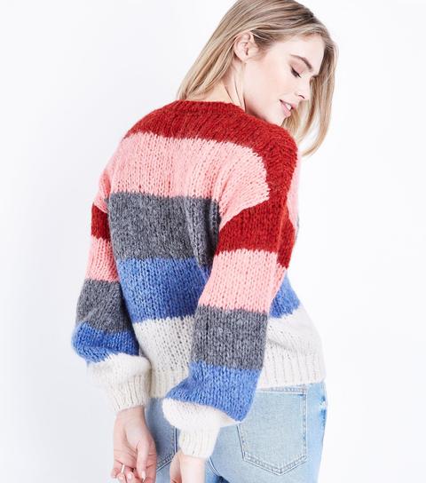 Pink Colour Block Stripe Chunky Jumper