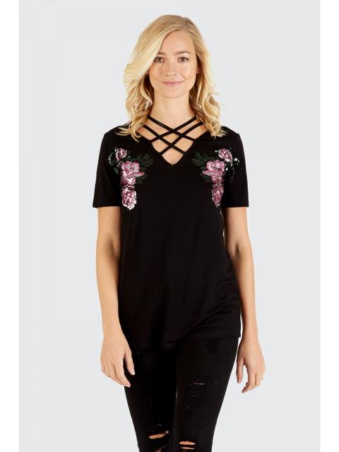 Black Sequin Floral Top