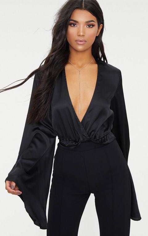Black Satin Flare Sleeve Thong Bodysuit