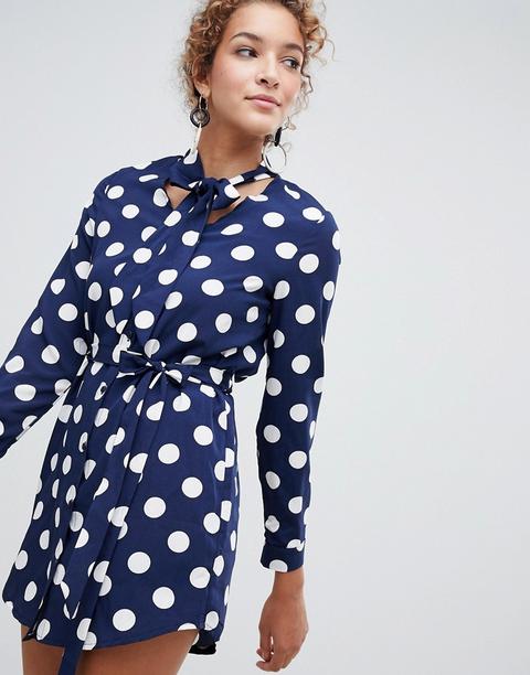 Vestido Camisero De Lunares Con Nudo En La Cintura Y Detalle De Lazo De Parisian-azul Marino