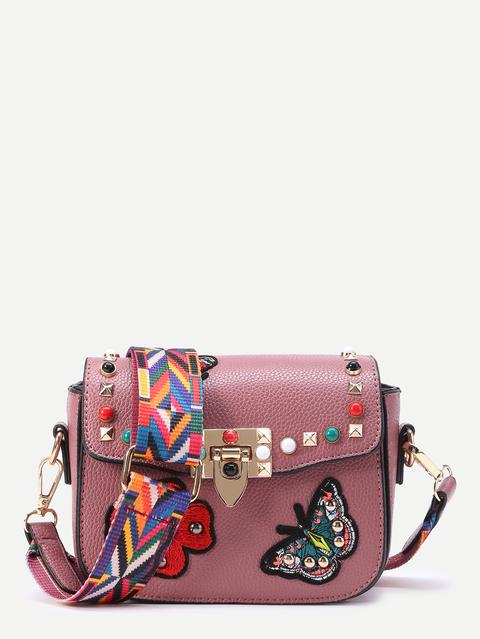 Bolso De Hombro Con Bordado De Tachuelas Y Mariposa