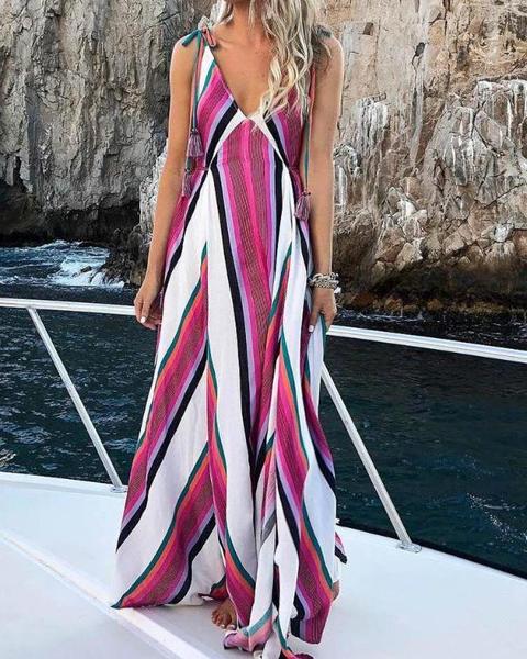 V Neck Striped Print Tie Strap Maxi Dress