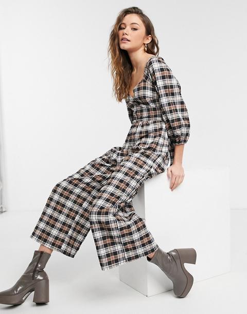 Asos Design Wrap Crinkle Jumpsuit In Check-multi