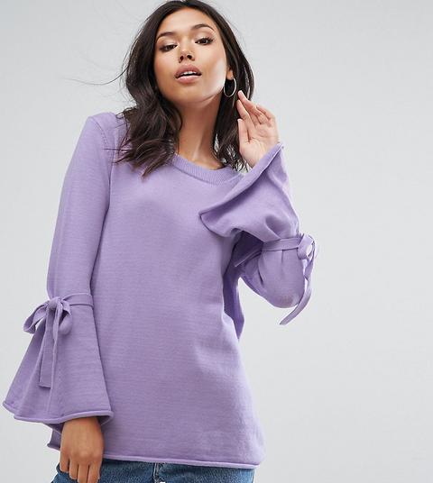 Prettylittlething - Maglione Lungo Con Laccetti Sulle Maniche Svasate - Viola