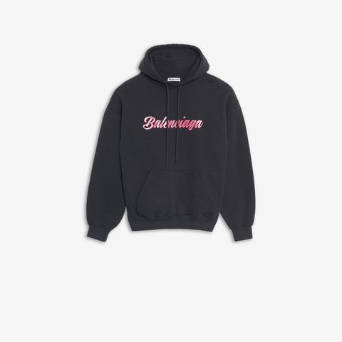 Glossy Back Pulled Hoodie In Washed Black And Pink Printed