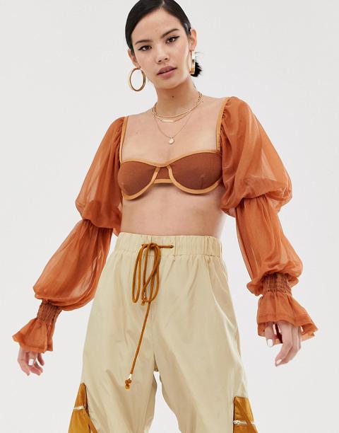 Zya Bralet With Sheer Balloon Boho Sleeves-brown