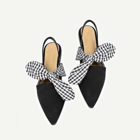 Gingham Bow Tie Decorated Pointed Toe Flats