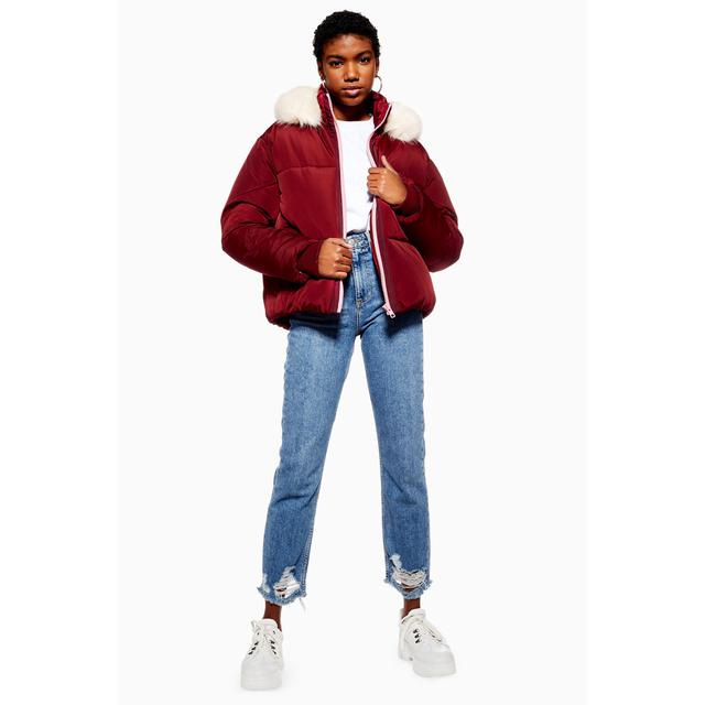 burgundy puffer jacket with fur hood