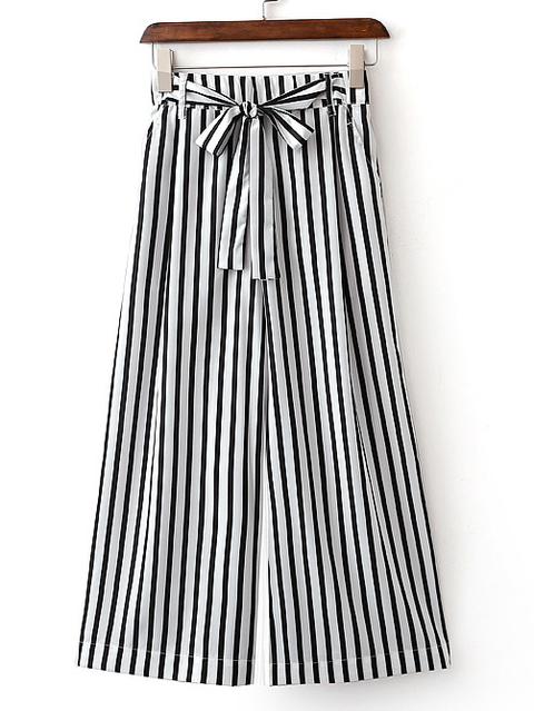 Black And White Stripe Wide Leg Pants With Belt