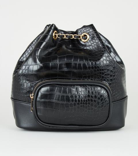 Black Faux Croc Drawstring Duffle Bag 