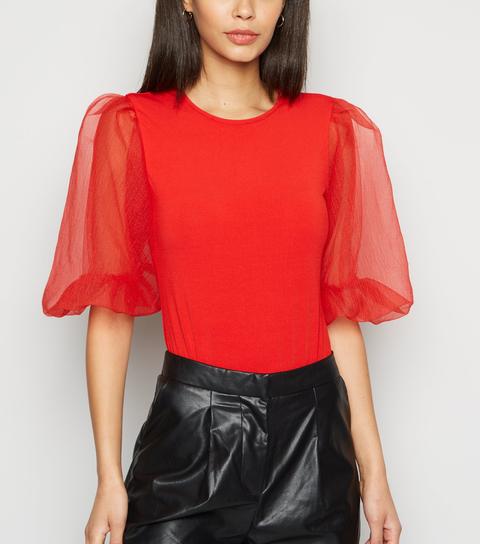 Ax Paris Red Organza Sleeve Bodysuit New Look from NEW LOOK on 21 Buttons