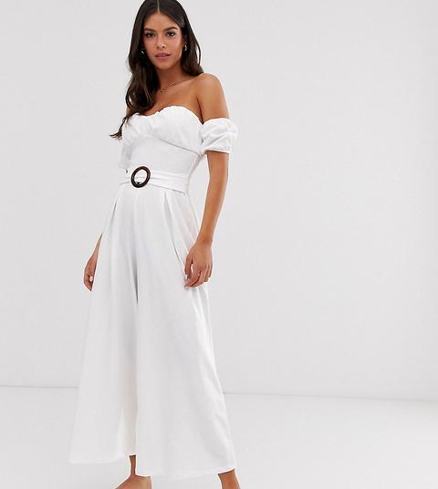 Mono Largo Con Escote Bardot, Manga Abullonada Y Cintura Marcada De Asos Design Tall-blanco