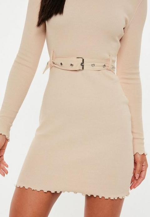 missguided high neck ribbed belted dress in beige