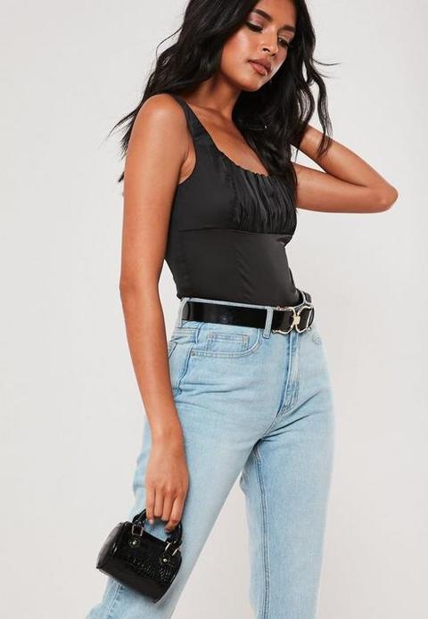 Black Croc Effect Micro Mini Bowler Handbag, Black