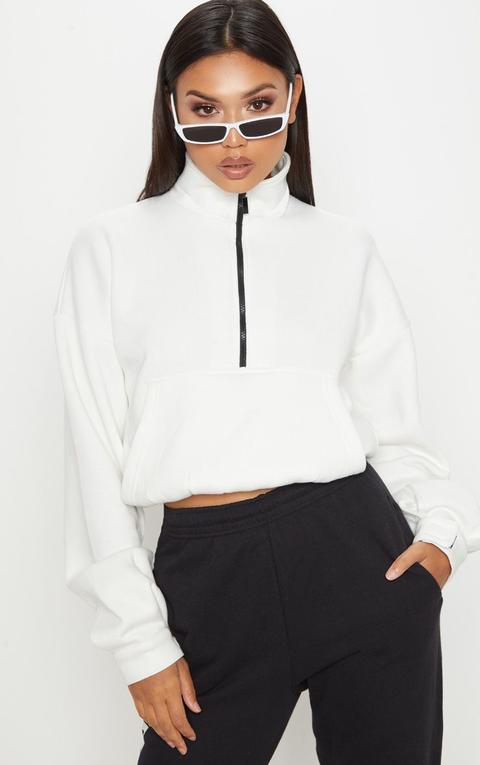 Cream Oversized Zip Front Sweater, White