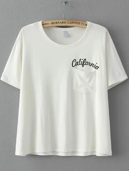 White Short Sleeve Letters Print Pocket T-shirt