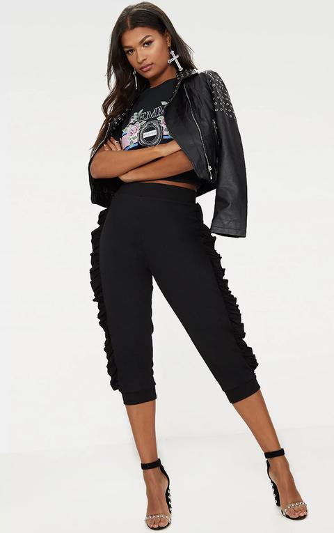 Black Cropped Side Frill Joggers, Black