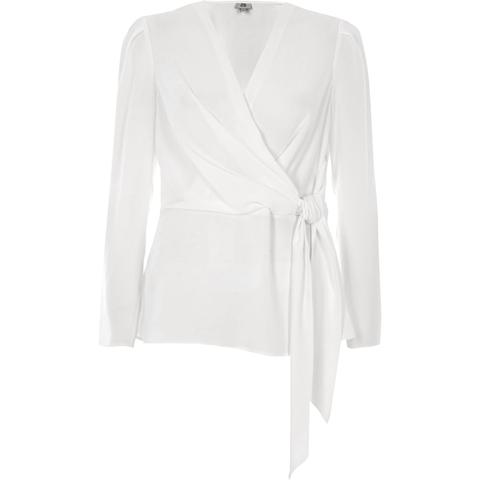 White Wrap Front Tie Waist Blouse