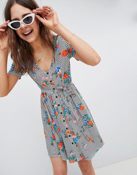 Vestido De Playa Abotonado De Vichy Y Con Estampado Floral De Asos Design