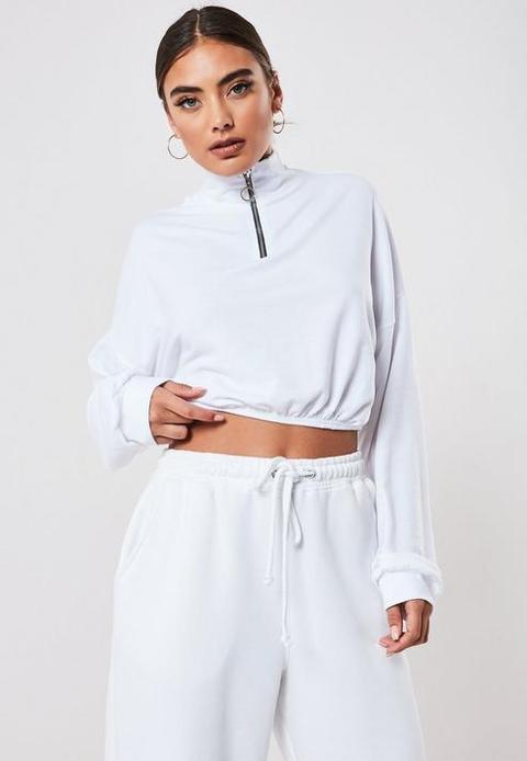 White Basic Zip Front Cropped Sweatshirt, White