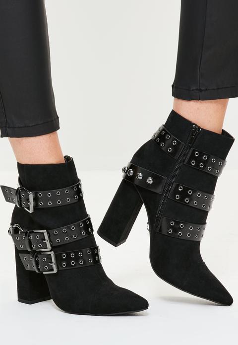 Black Multi Strap Pointed Toe Ankle Boots