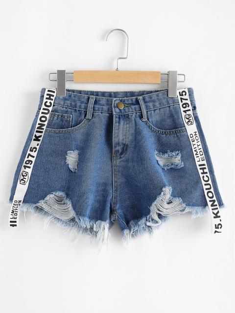 Shorts In Denim Stampati Con Bordo Grezzo