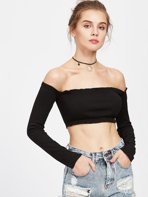 Black Ribbed Off The Shoulder Crop T-shirt