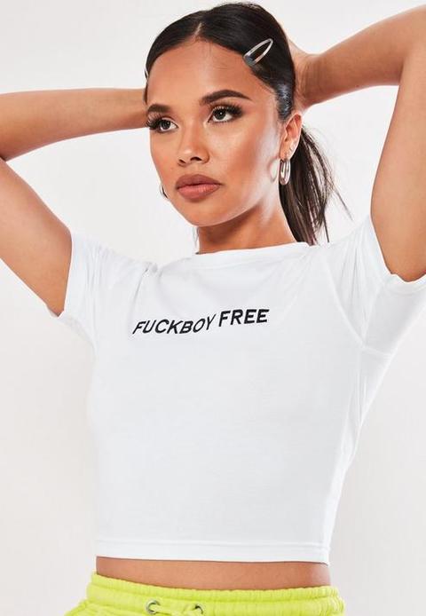 White F Boy Free Embroidered Fitted Crop Top, White