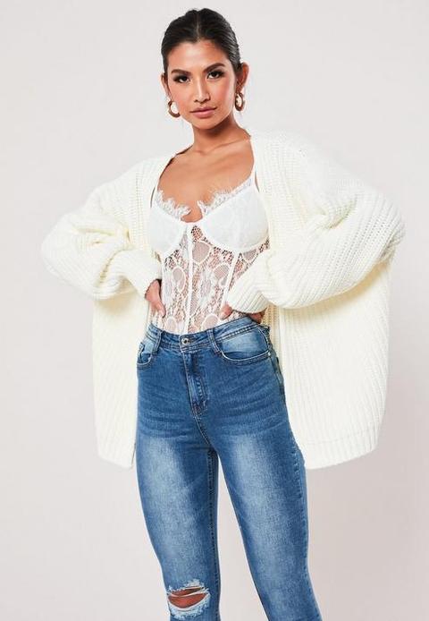 White Knitted Batwing Oversized Longline Cardigan, White