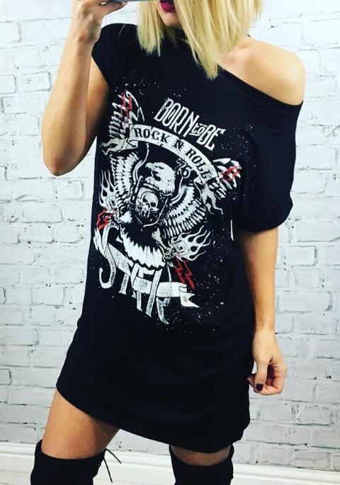Black Rock N Roll Eagle Pattern One-shoulder Oversized Casual T-shirt Mini Dress