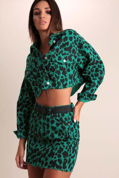 Bottle Green Leopard Print Denim Mini Skirt